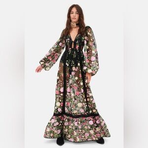 FOR LOVE & LEMONS Luna Black Embroidered Floral Maxi Dress Size XS NWT